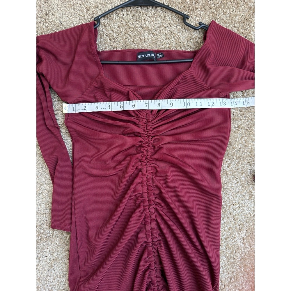 PrettyLittleThing Burgundy Ribbed Off Shoulder Ruched Drawstring Midi Dress S 10 - Picture 10 of 10